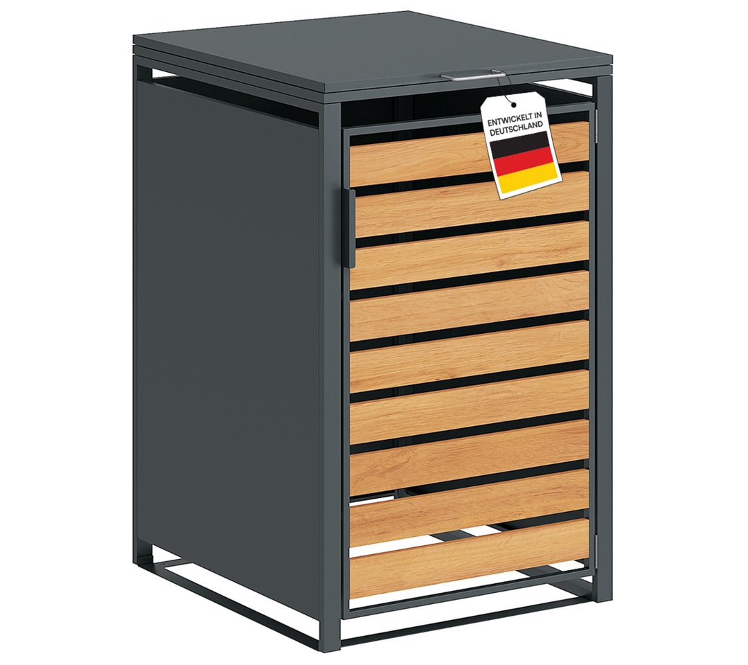 STEELSØN Mülltonnenbox Kestra 120L aus verzinktem Stahl (Anthrazit/Holz, Für 1 Tonne), verfügbar mit 1, 2, 3, 4 oder 5 Türen, mit Sichtstreifen Holzoptik Bild 2