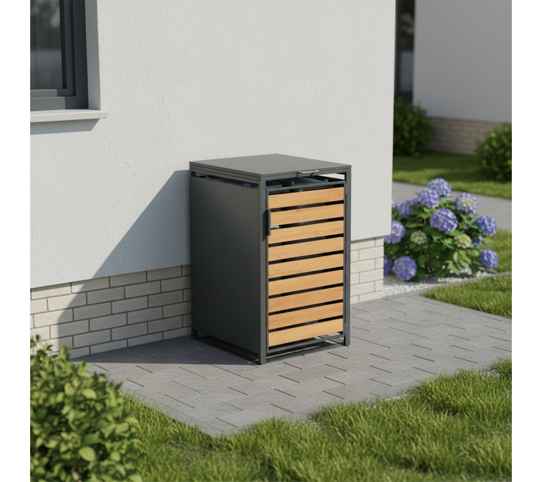 STEELSØN Mülltonnenbox Kestra 120L aus verzinktem Stahl (Anthrazit/Holz, Für 1 Tonne), verfügbar mit 1, 2, 3, 4 oder 5 Türen, mit Sichtstreifen Holzoptik Bild 3