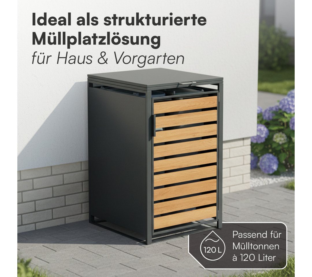 STEELSØN Mülltonnenbox Kestra 120L aus verzinktem Stahl (Anthrazit/Holz, Für 1 Tonne), verfügbar mit 1, 2, 3, 4 oder 5 Türen, mit Sichtstreifen Holzoptik Bild 4
