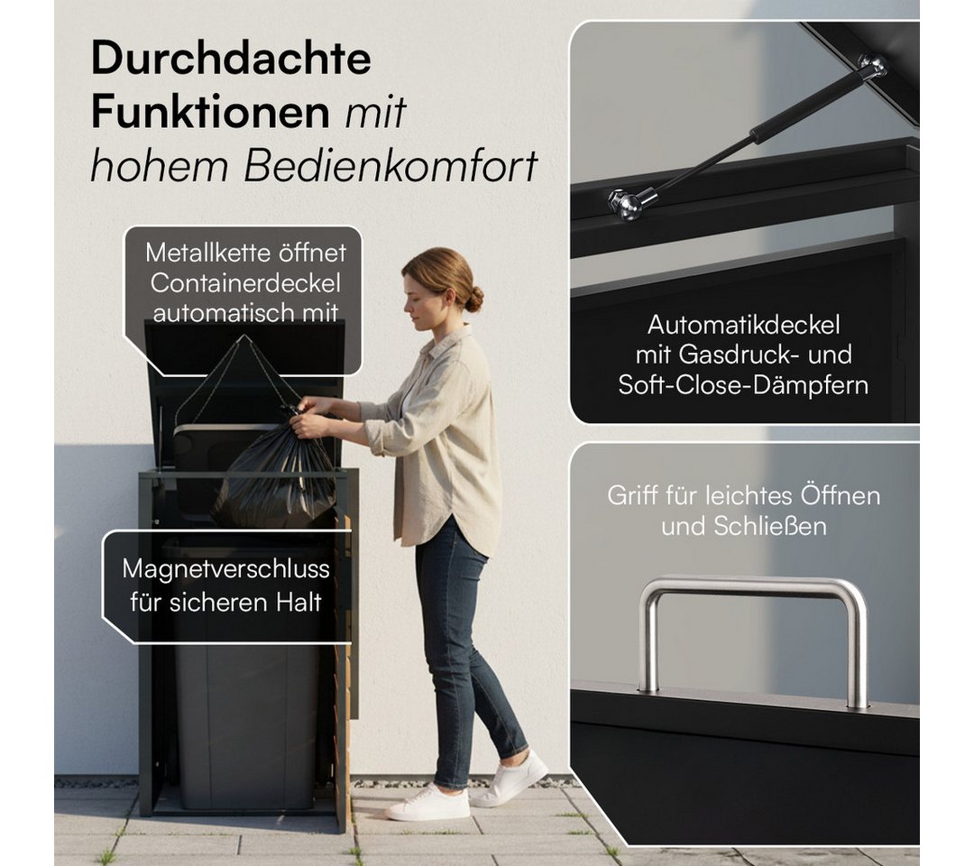 STEELSØN Mülltonnenbox Kestra 120L aus verzinktem Stahl (Anthrazit/Holz, Für 1 Tonne), verfügbar mit 1, 2, 3, 4 oder 5 Türen, mit Sichtstreifen Holzoptik Bild 5