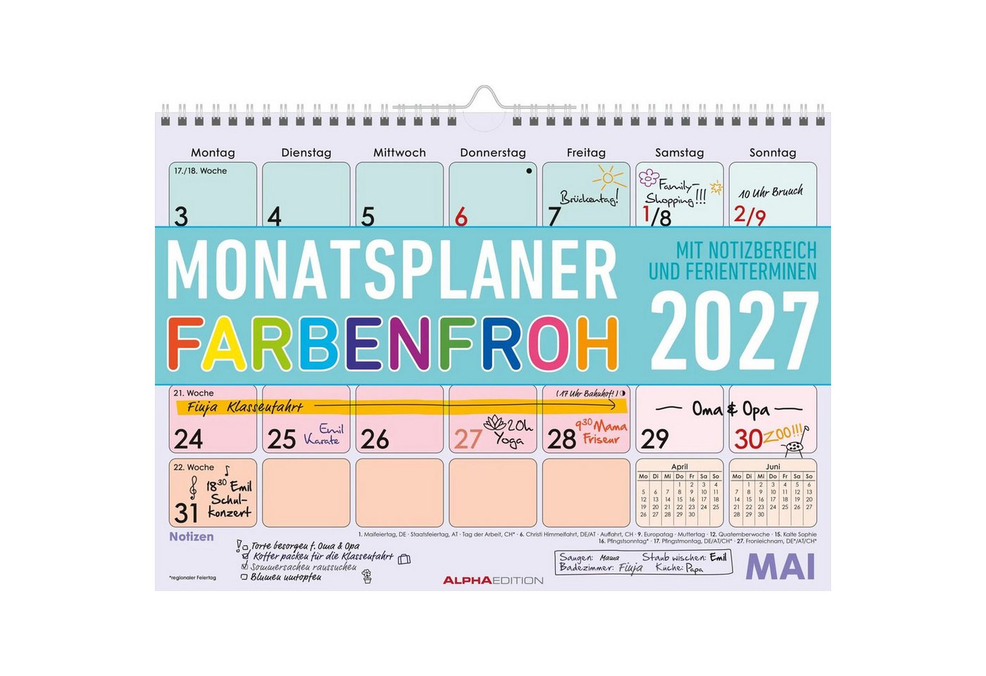 Alpha Edition Wandkalender Monatsplaner 1M/1S Farbenfroh 2027