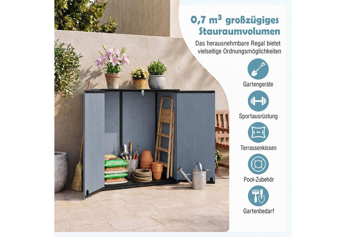 KOMFOTTEU Garten-Geräteschrank, Gartenbox Gartenschrank mit 2 abschließbaren Türen Bild 3