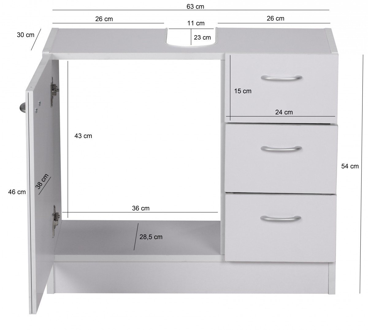freiraum Waschbeckenunterschrank WL1.345 in Weiß, Holzwerkstoff - 63x54x30cm (BxHxT) Bild 3