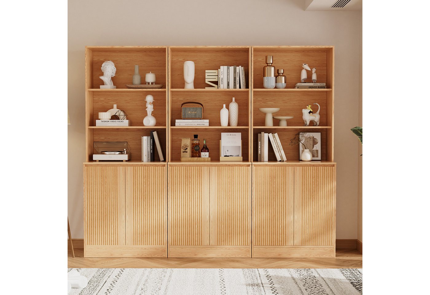 VOWNER Bücherregal 5-stöckig mit 2 Holztüren, 180 cm hoher Standregal mit offenen Fächern, 3-tlg., Mehrzweckschrank, Wohnzimmerschrank, Küchenregal, Sideboard Bild 2