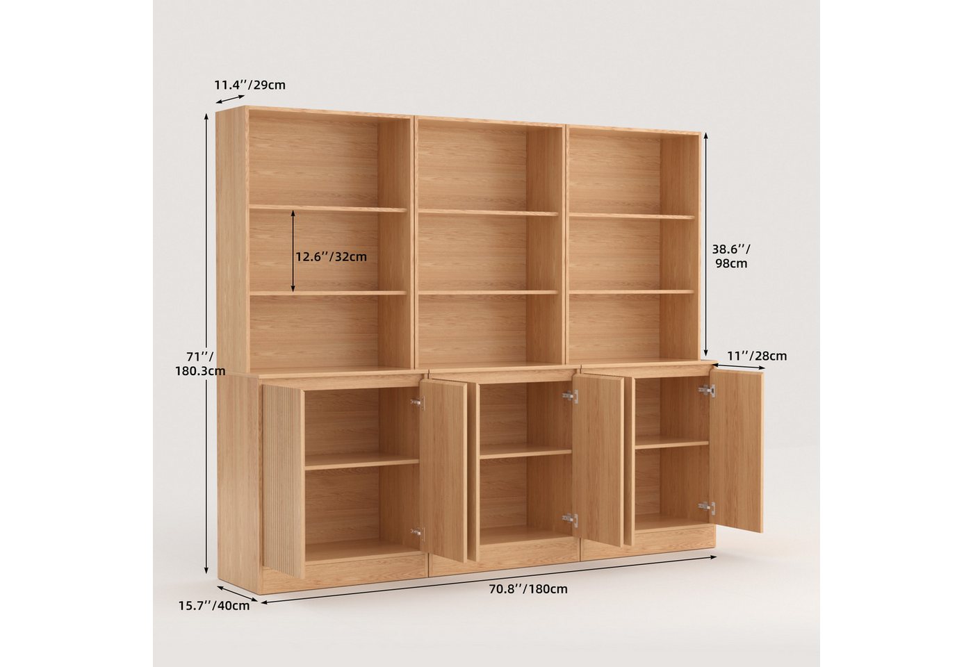 VOWNER Bücherregal 5-stöckig mit 2 Holztüren, 180 cm hoher Standregal mit offenen Fächern, 3-tlg., Mehrzweckschrank, Wohnzimmerschrank, Küchenregal, Sideboard Bild 3