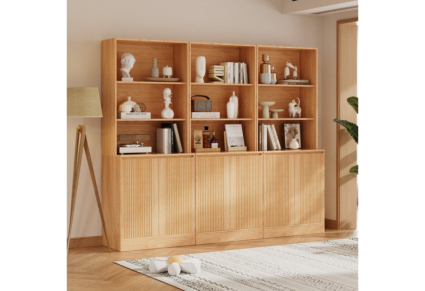 VOWNER Bücherregal 5-stöckig mit 2 Holztüren, 180 cm hoher Standregal mit offenen Fächern, 3-tlg., Mehrzweckschrank, Wohnzimmerschrank, Küchenregal, Sideboard Bild 4