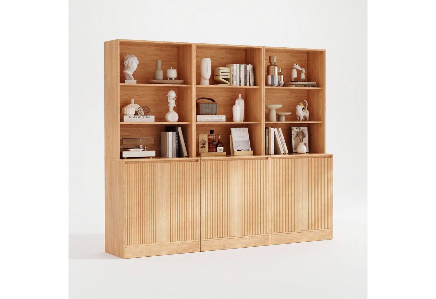 VOWNER Bücherregal 5-stöckig mit 2 Holztüren, 180 cm hoher Standregal mit offenen Fächern, 3-tlg., Mehrzweckschrank, Wohnzimmerschrank, Küchenregal, Sideboard Bild 5