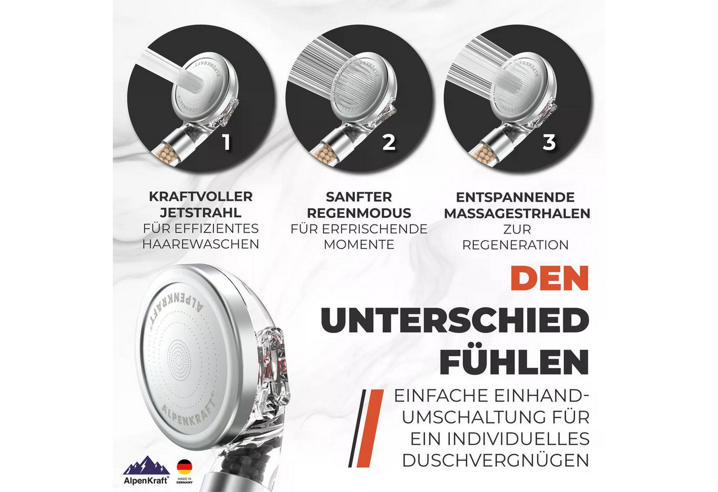 AlpenKraft Duschbrause ZugSpitze Premium mit Filter, (1-tlg), Integrierte Filtertechnologie, 3 Strahlarten und Wassersparend