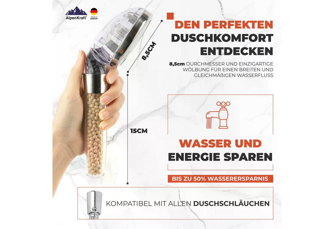 AlpenKraft Duschbrause ZugSpitze Premium mit Filter, (1-tlg), Integrierte Filtertechnologie, 3 Strahlarten und Wassersparend Bild 2