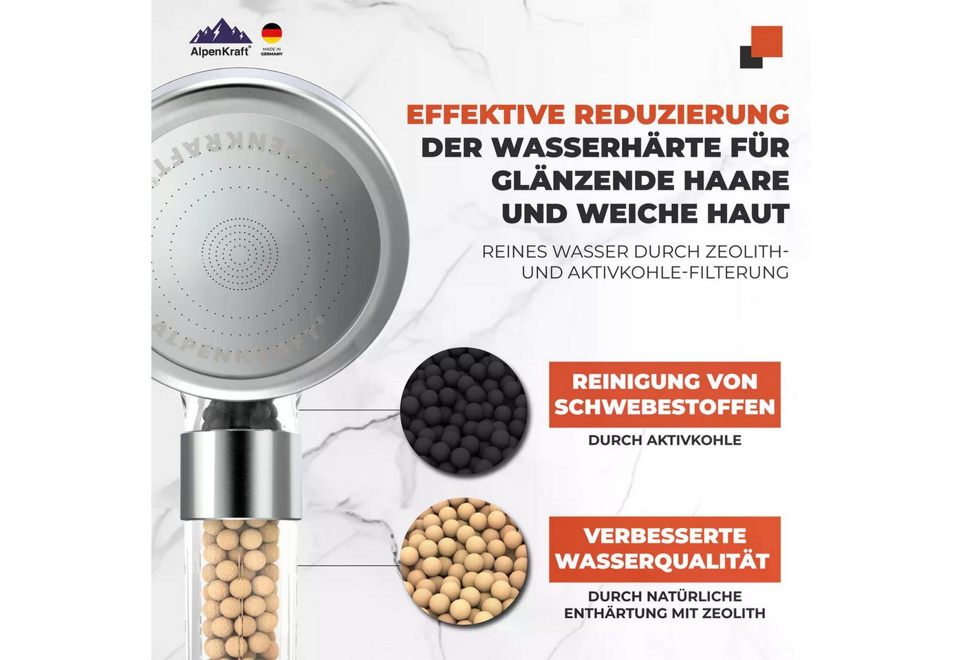AlpenKraft Duschbrause ZugSpitze Premium mit Filter, (1-tlg), Integrierte Filtertechnologie, 3 Strahlarten und Wassersparend Bild 3