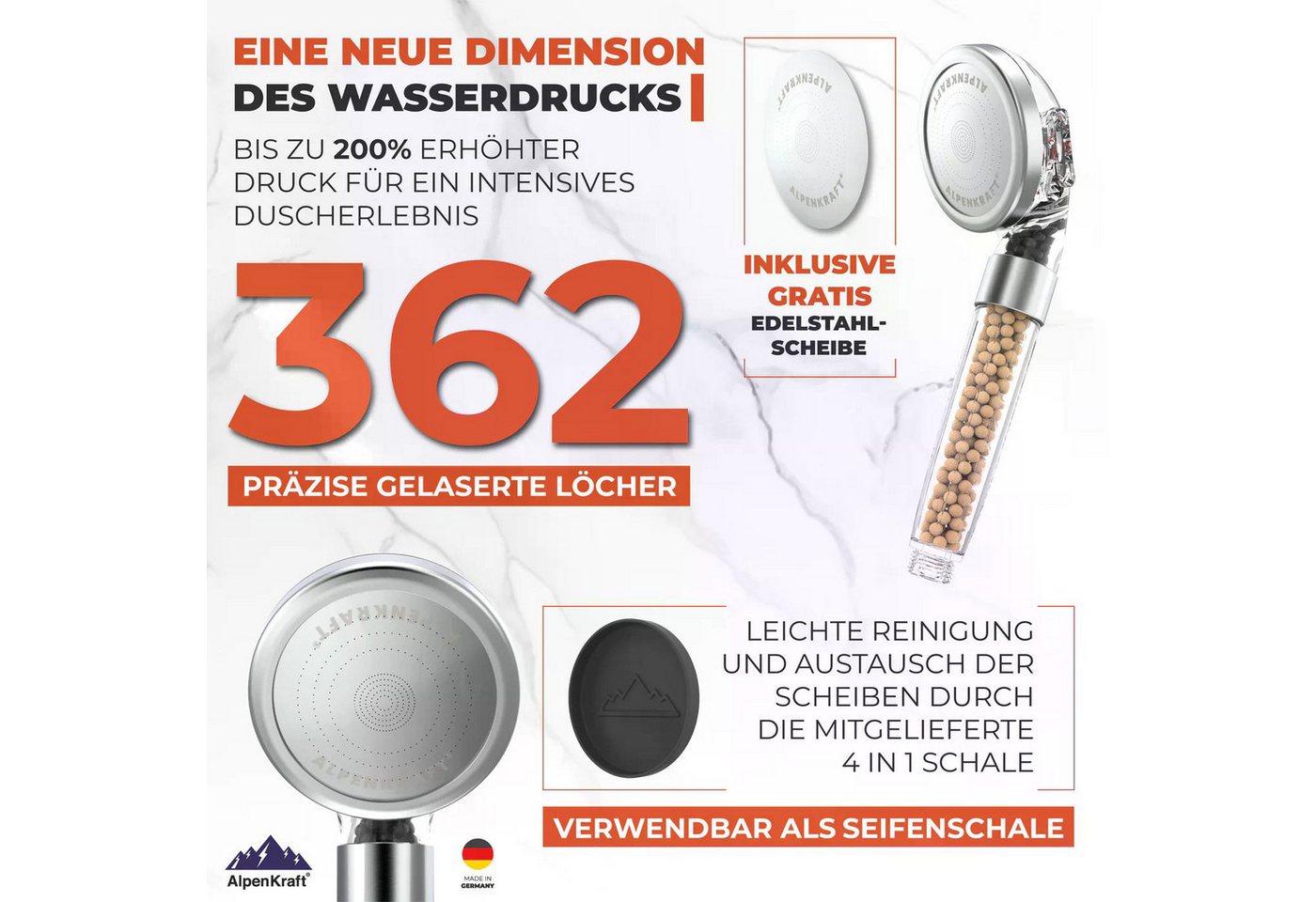 AlpenKraft Duschbrause ZugSpitze Premium mit Filter, (1-tlg), Integrierte Filtertechnologie, 3 Strahlarten und Wassersparend Bild 5