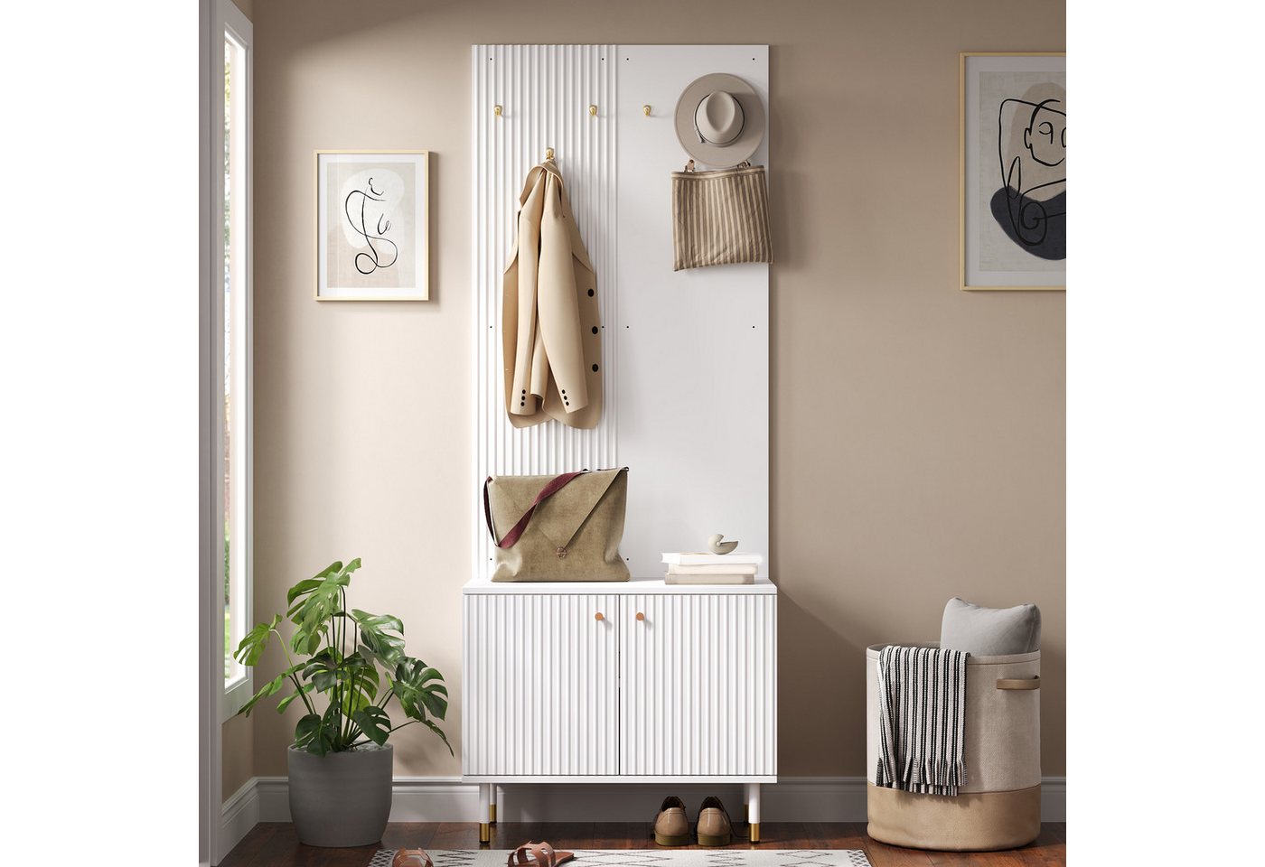 Merax Garderobenschrank mit Schuhschrank und Hakenleiste, Garderobenwand Diele Kombischrank (70Lx35Bx180H cm, 1-St) mit verstellbarem Schuhfach, Stauraum & goldfarbenen Metallfüßen