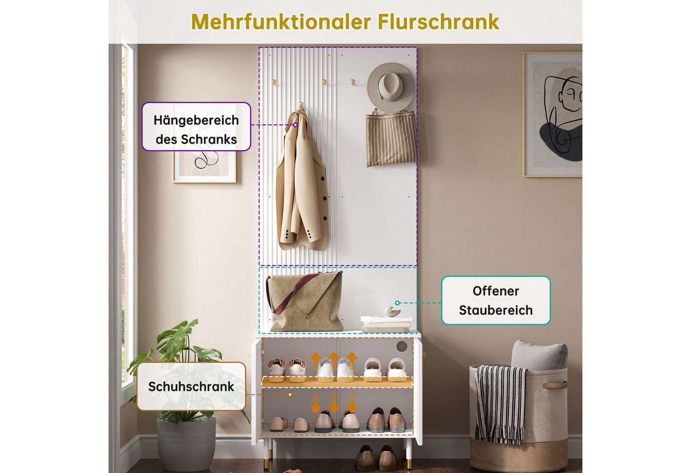 Merax Garderobenschrank mit Schuhschrank und Hakenleiste, Garderobenwand Diele Kombischrank (70Lx35Bx180H cm, 1-St) mit verstellbarem Schuhfach, Stauraum & goldfarbenen Metallfüßen Bild 2