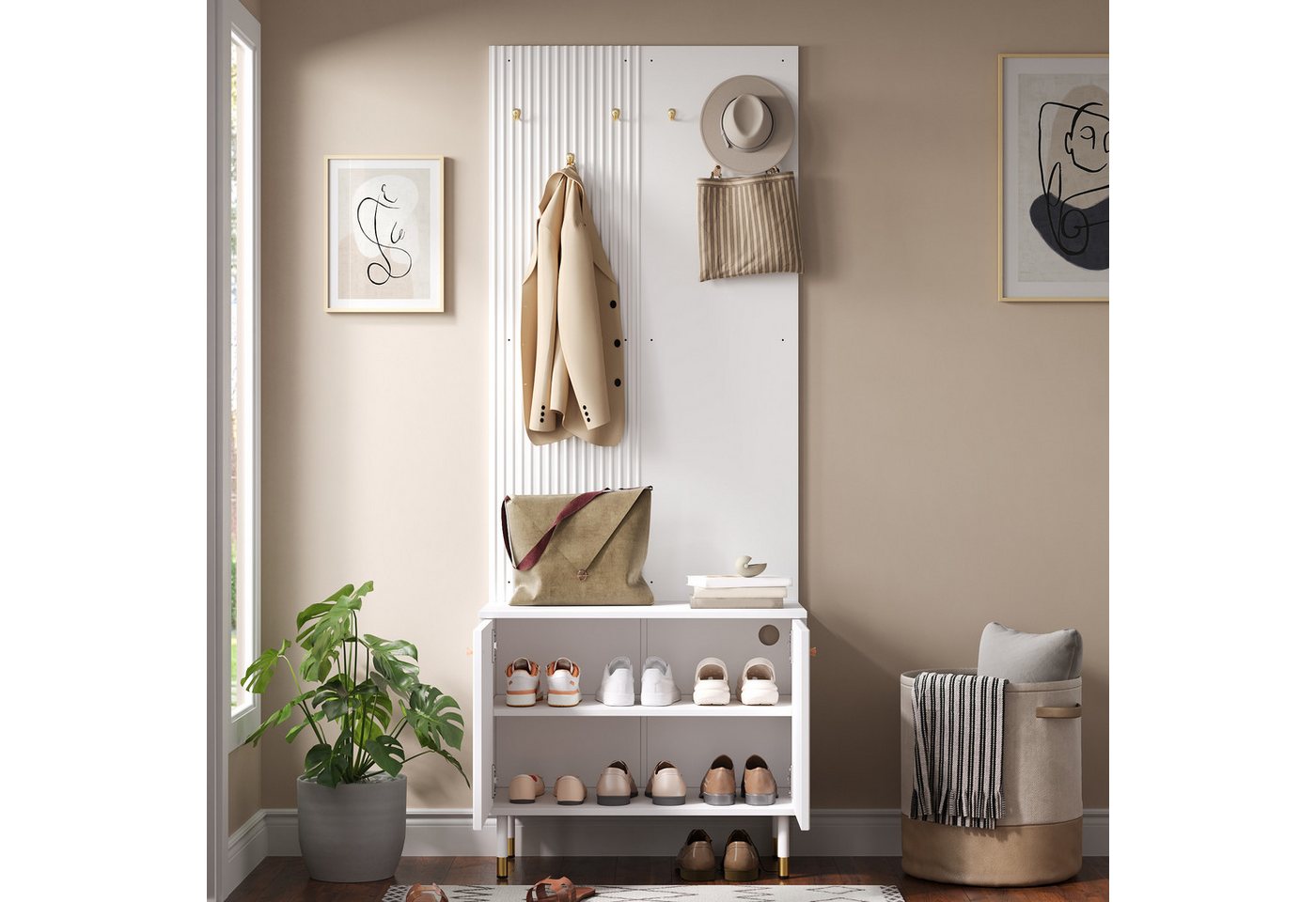 Merax Garderobenschrank mit Schuhschrank und Hakenleiste, Garderobenwand Diele Kombischrank (70Lx35Bx180H cm, 1-St) mit verstellbarem Schuhfach, Stauraum & goldfarbenen Metallfüßen Bild 3