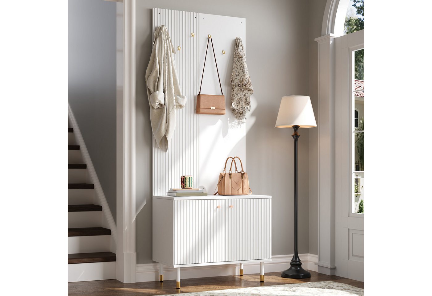 Merax Garderobenschrank mit Schuhschrank und Hakenleiste, Garderobenwand Diele Kombischrank (70Lx35Bx180H cm, 1-St) mit verstellbarem Schuhfach, Stauraum & goldfarbenen Metallfüßen Bild 4