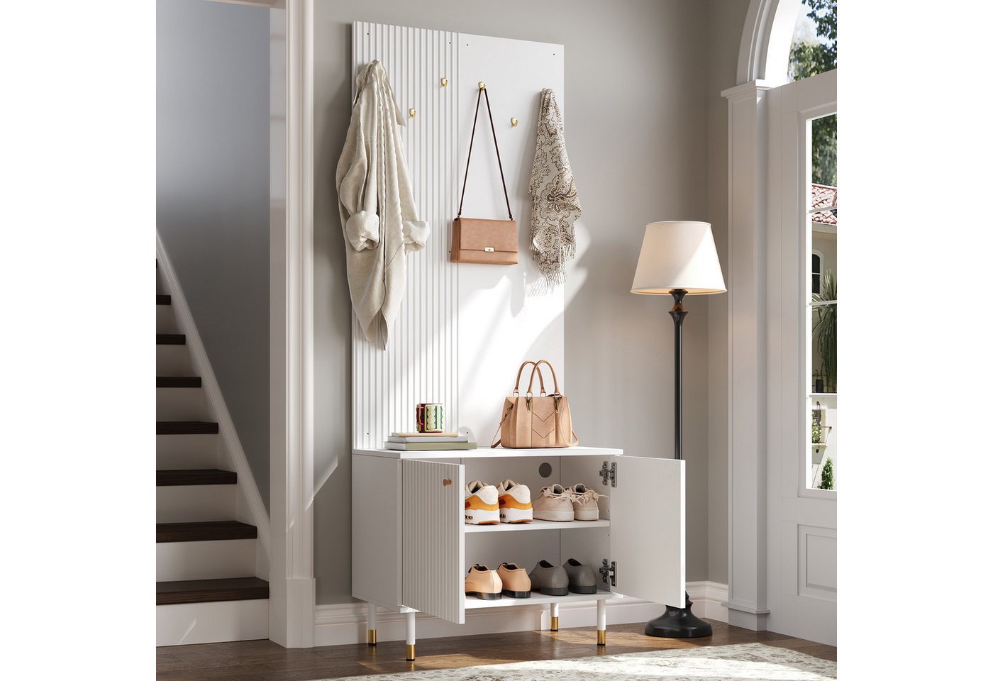 Merax Garderobenschrank mit Schuhschrank und Hakenleiste, Garderobenwand Diele Kombischrank (70Lx35Bx180H cm, 1-St) mit verstellbarem Schuhfach, Stauraum & goldfarbenen Metallfüßen Bild 5