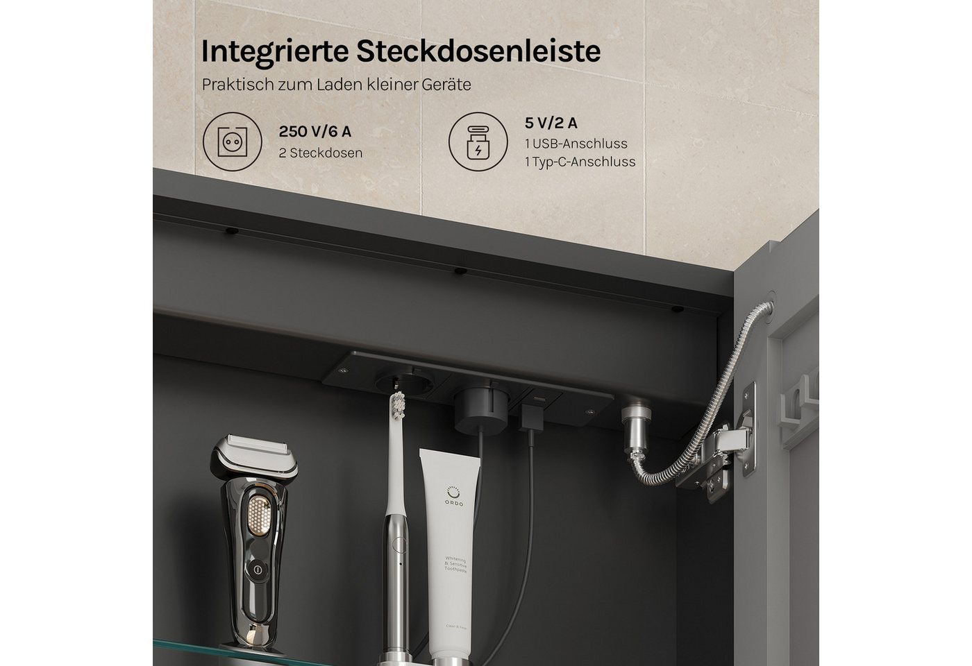 Woltu Spiegelschrank (1-St) Badezimmerschrank mit Beleuchtung Steckdosenleiste und Ablagen Bild 3