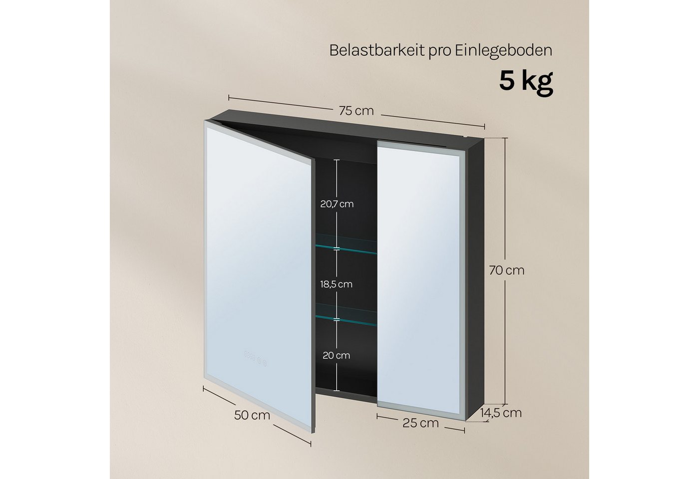 Woltu Spiegelschrank (1-St) Badezimmerschrank mit Beleuchtung Steckdosenleiste und Ablagen Bild 5