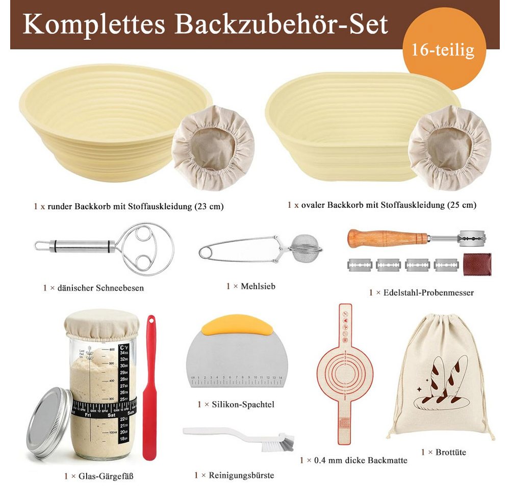 AFKSMILE Gärkorb 16-Teiliges Gärkörbchen Für Sauerteig Starter Set, Brot Backen ZubehöR, (16-tlg) Bild 5