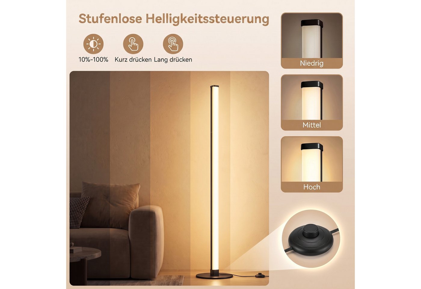 VASAGLE Stehlampe LED Wohnzimmer, Lampe Schlafzimmer, 18 x 18 x 139,4 cm, Dimmbar für Wohnzimmer 3000K Warmes Licht Bild 2