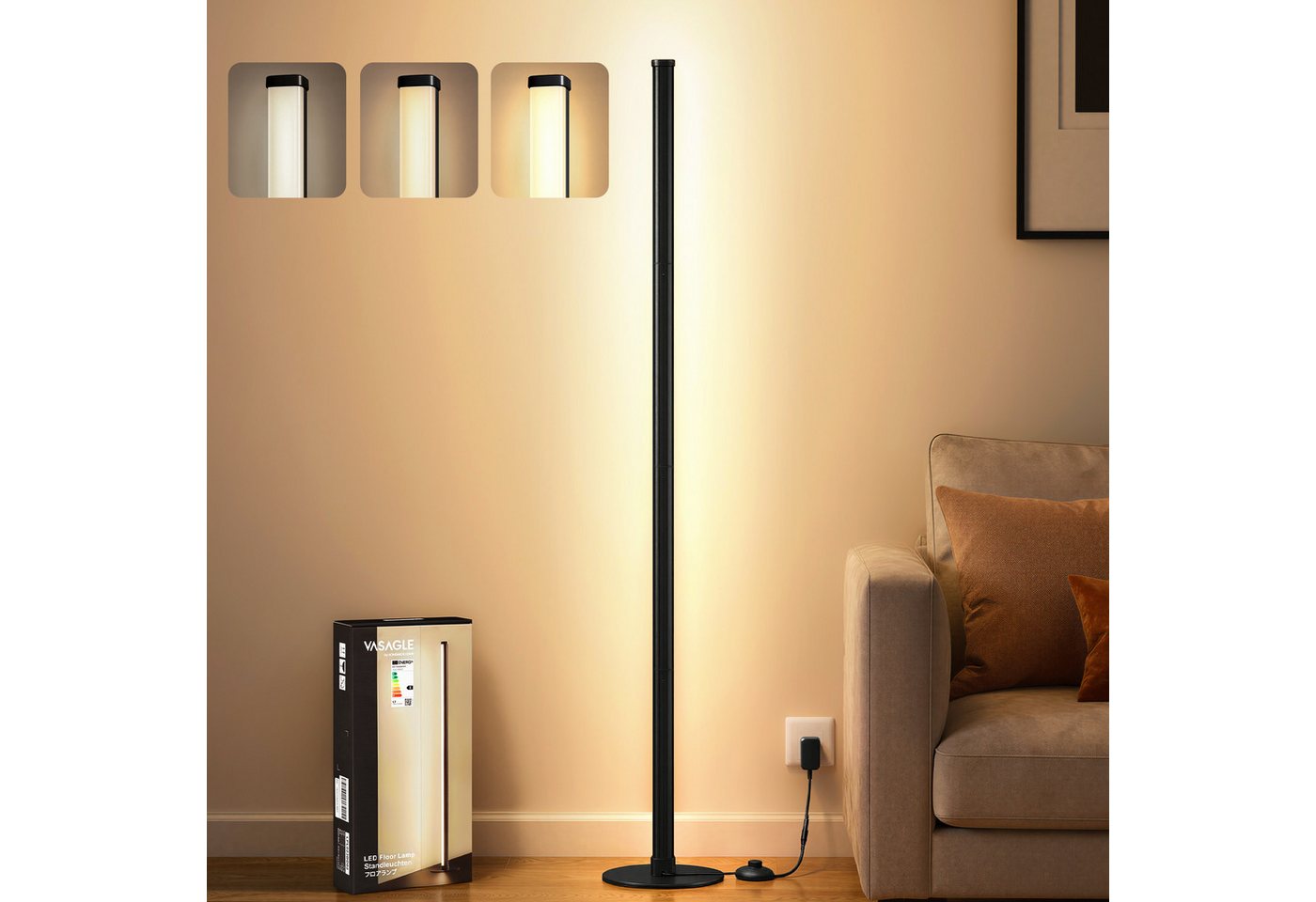 VASAGLE Stehlampe LED Wohnzimmer, Lampe Schlafzimmer, 18 x 18 x 139,4 cm, Dimmbar für Wohnzimmer 3000K Warmes Licht Bild 3