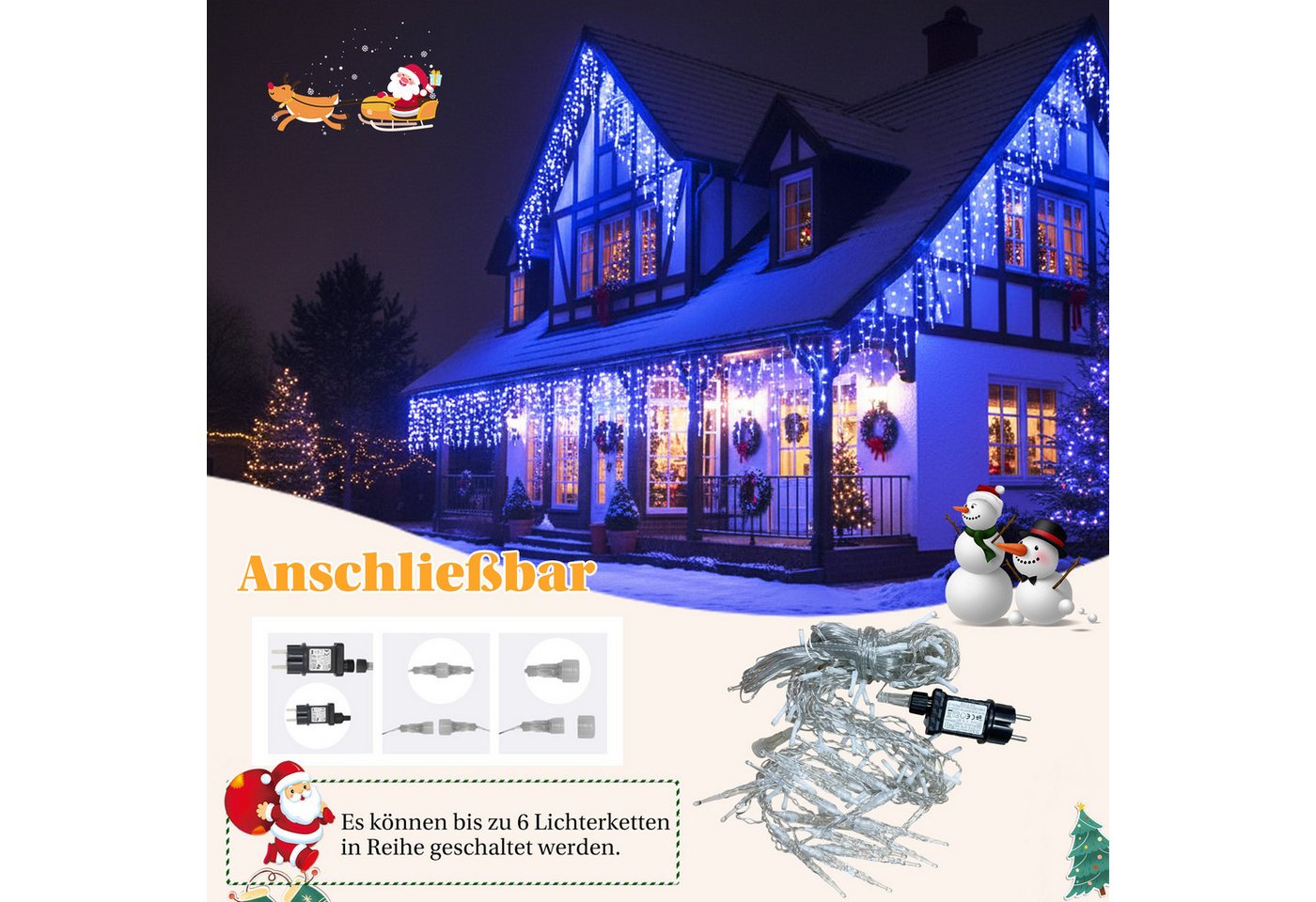SERBASIC Lichterkette LED Eisregen Lichtervorhang, Timer, 8 Modi, Anschließbar, 31V, Lichtervorhang für Weihnachten Außen Terrasse Bild 4