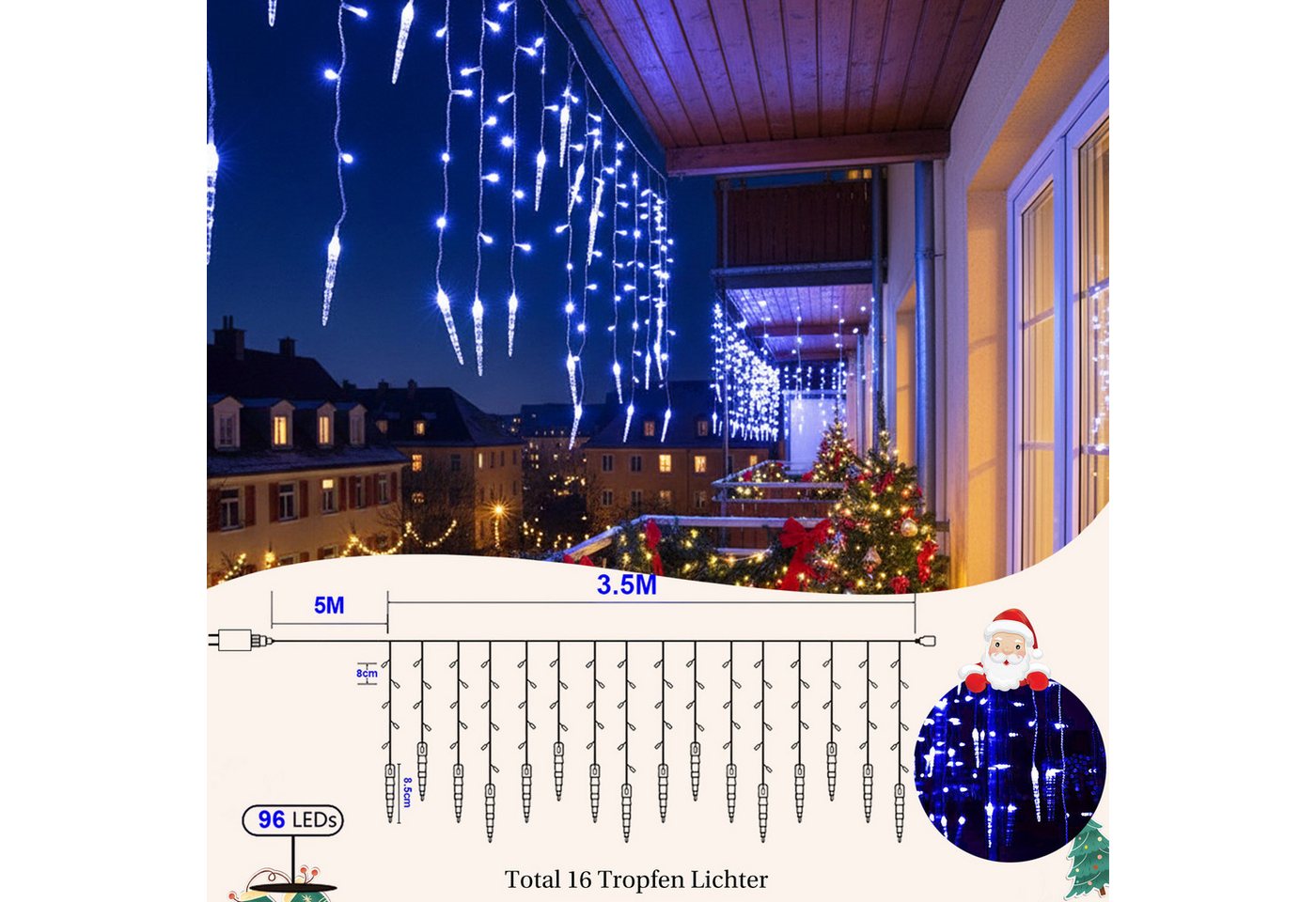 SERBASIC Lichterkette LED Eisregen Lichtervorhang, Timer, 8 Modi, Anschließbar, 31V, Lichtervorhang für Weihnachten Außen Terrasse Bild 5