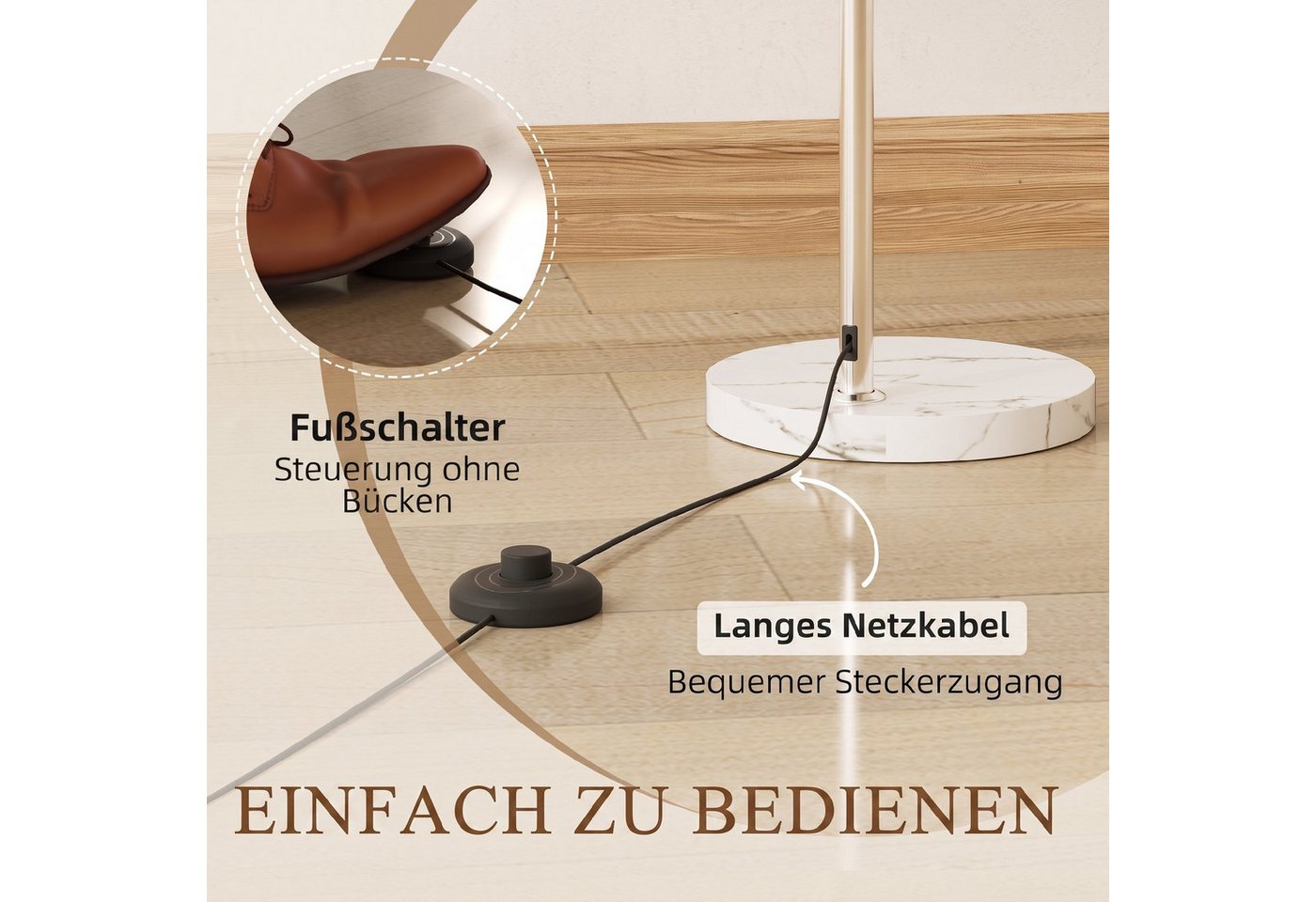 HOMCOM Stehlampe Standleuchte mit Marmorsockel, Lampenschirm, Fußschalter, E27 Fassung, Ein-,Ausschalter, ohne Leuchtmittel, für Schlafzimmer Büro, exkl. Glühbirne