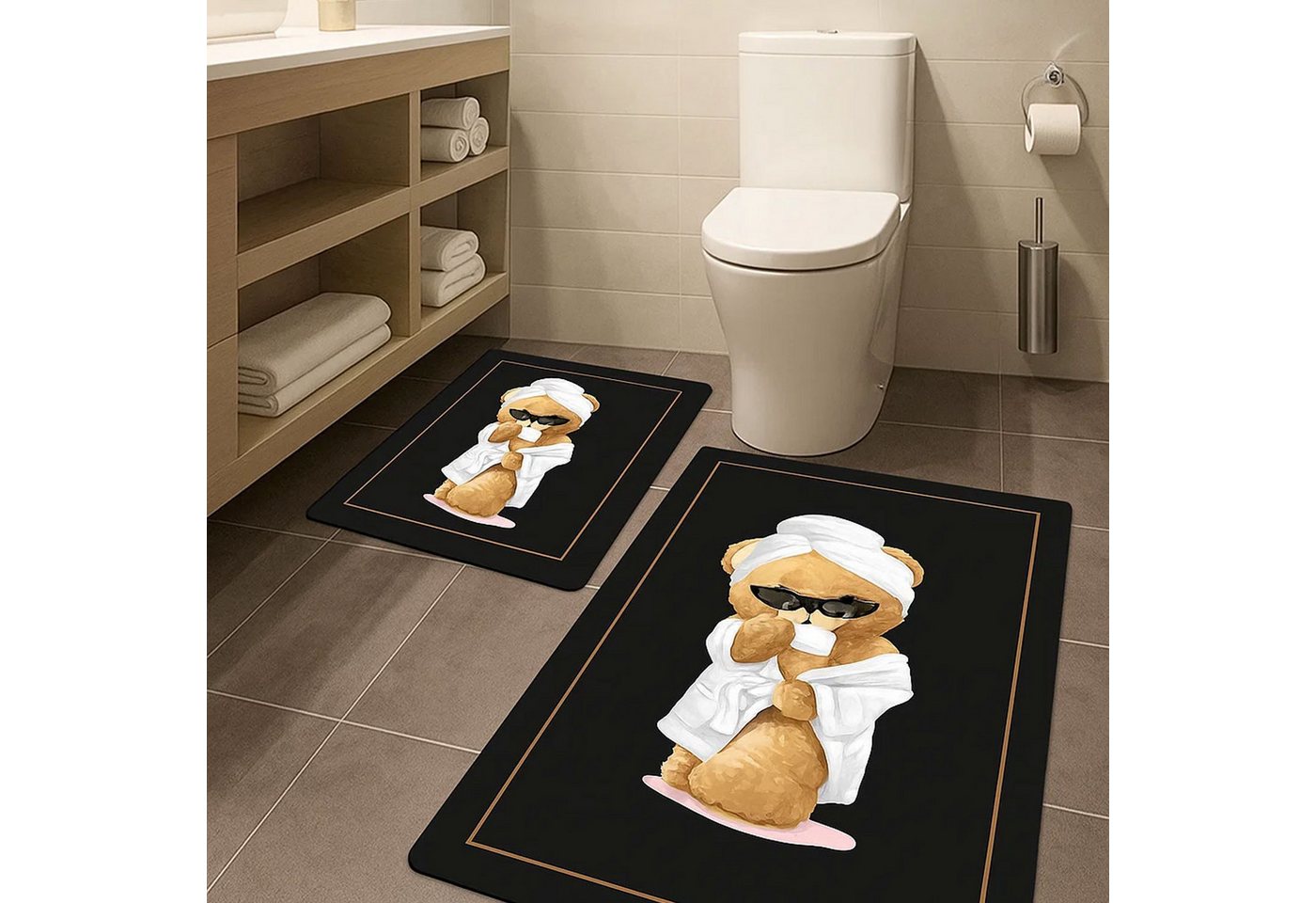 Jungengel Badematte Duschvorleger Set rutschfest Badteppich Vorleger Schwarz Bär Motiv, 2-teiliges Set, Rutschfeste Unterseite, Weiche Oberfläche, Maschinenwaschbar, Rutschfest, Samtig weich, Schnelltrocknend, Pflegeleicht, 100 % Polyester (Oberfläche), Rückseite Latex, Rechteckig, Trendiges Relax-Bär-Motiv, rutschfest & pflegeleicht