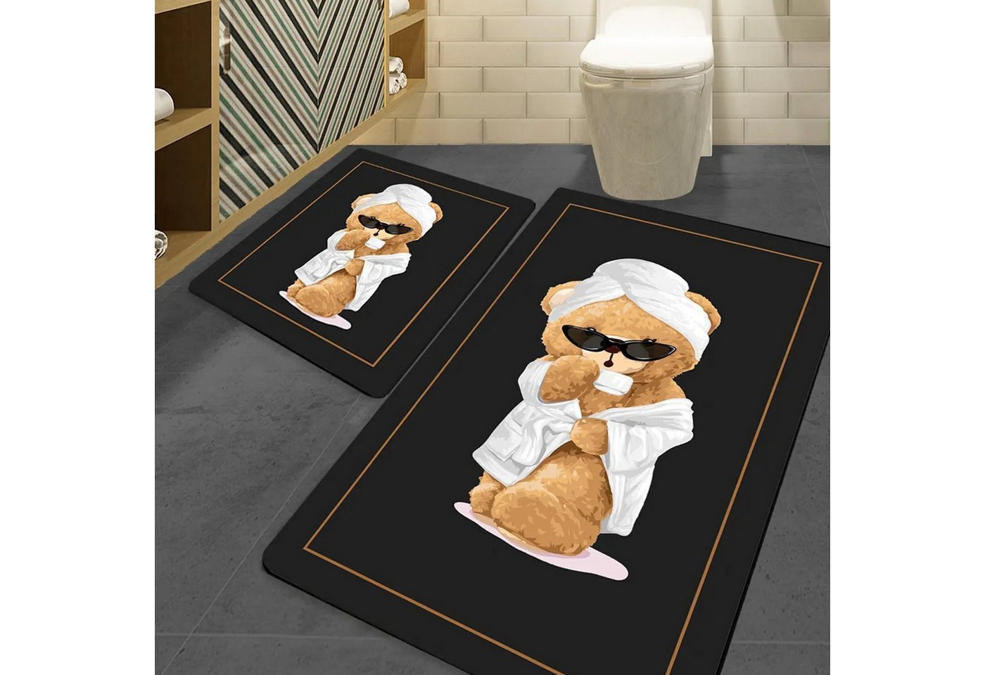 Jungengel Badematte Duschvorleger Set rutschfest Badteppich Vorleger Schwarz Bär Motiv, 2-teiliges Set, Rutschfeste Unterseite, Weiche Oberfläche, Maschinenwaschbar, Rutschfest, Samtig weich, Schnelltrocknend, Pflegeleicht, 100 % Polyester (Oberfläche), Rückseite Latex, Rechteckig, Trendiges Relax-Bär-Motiv, rutschfest & pflegeleicht Bild 3