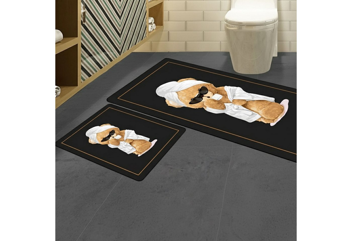 Jungengel Badematte Duschvorleger Set rutschfest Badteppich Vorleger Schwarz Bär Motiv, 2-teiliges Set, Rutschfeste Unterseite, Weiche Oberfläche, Maschinenwaschbar, Rutschfest, Samtig weich, Schnelltrocknend, Pflegeleicht, 100 % Polyester (Oberfläche), Rückseite Latex, Rechteckig, Trendiges Relax-Bär-Motiv, rutschfest & pflegeleicht Bild 5