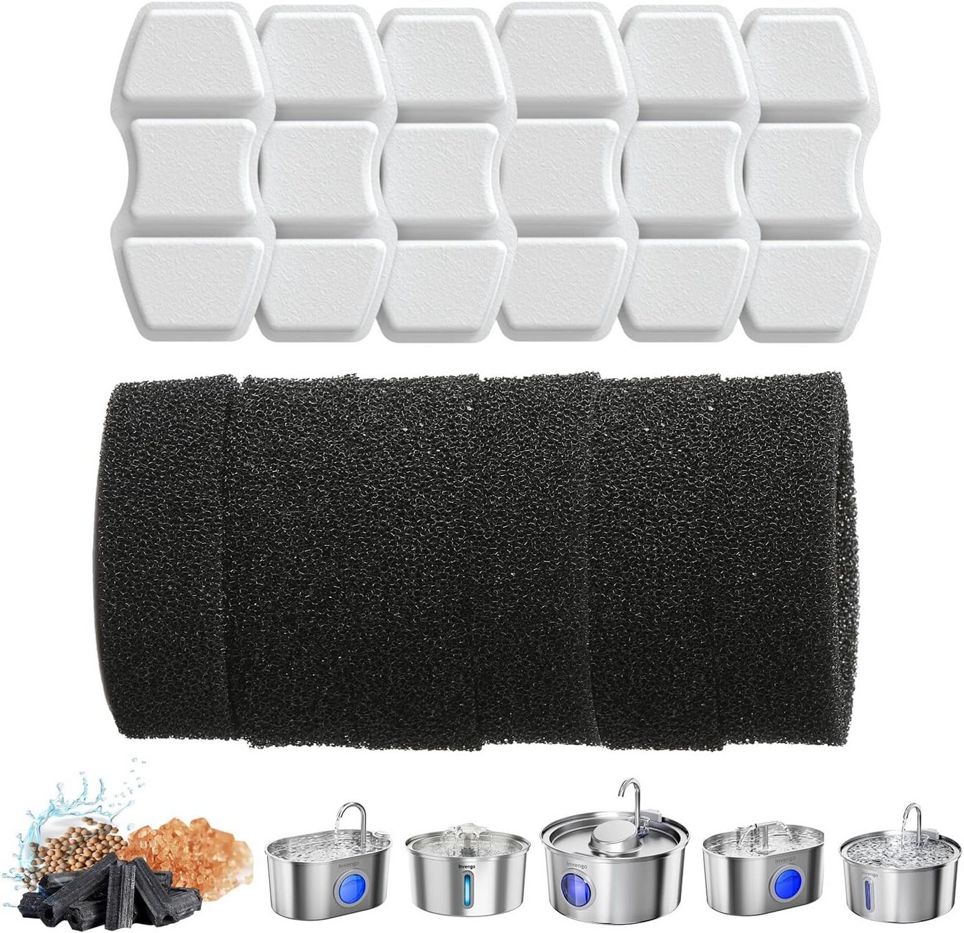 Invengo Ersatzfilter Ersatzfilter Set für Katzenbrunnen Aktivkohlefilter 6 Stück Schwamm, Zubehör für Katzenbrunnen Hundebrunnen Haustier-Wasserspender, Mehrschichtige Filterung, Aktivkohlefilter, Pumpenschutz Bild 5