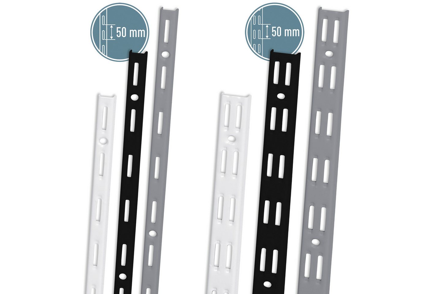 ib style Wandregal 2er Set Wandschiene 1-reihig 150cm Weiß, Regalschiene - Raster 50mm