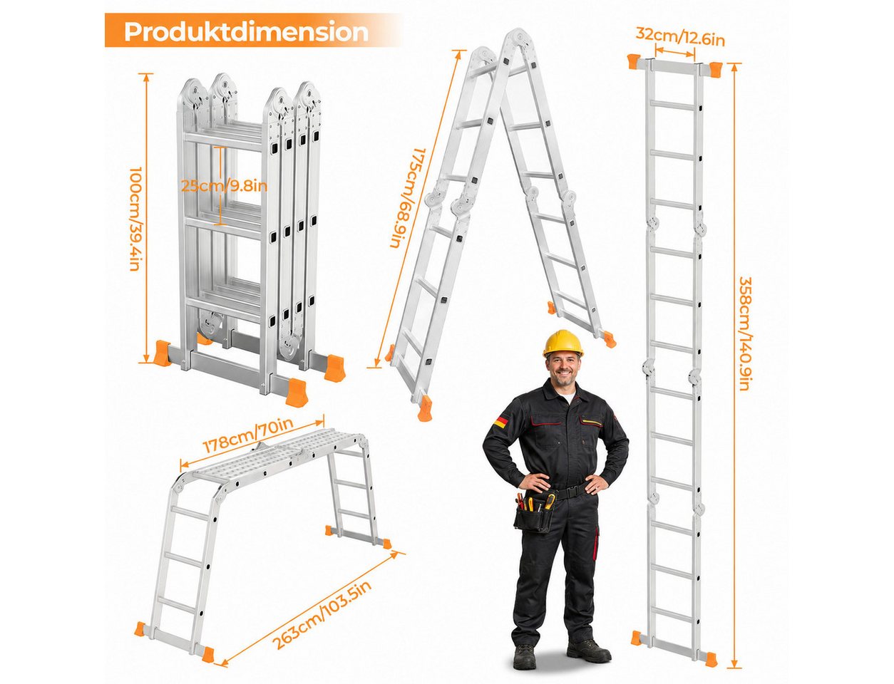 GLIESE POWER Vielzweckleiter Multifunktionsleiter 6-in-1 Alu – 150 kg, 7 Positionen, rutschfest (1-St., Klappleiter), klappbar, Vielzweckleiter Bild 4
