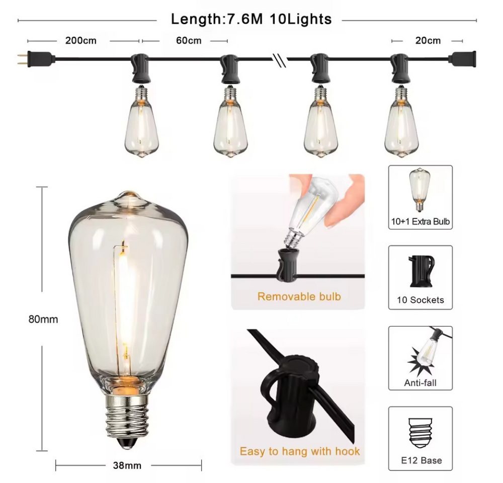 Athlix LED-Lichterkette ST38 LED-Lichterkette für den Außenbereich, dimmbar, wasserdicht, bruchsicher, sicheres Handling Bild 2