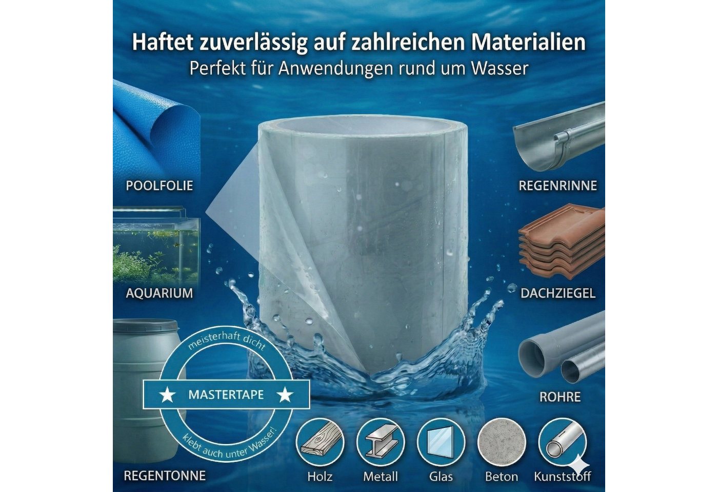 FALINGO Klebeband Unterwasser Abdichtband, Reparaturband für Pool, Zelt, Plane, Dach (2-St) 100 % wasserdicht & wasserverdrängend Bild 3