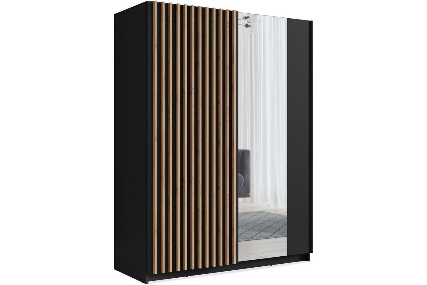 KONSIMO® Schwebetürenschrank CASTARI Kleiderschrank, mit dekorativen Lamellen, Modern (viel Stauraum, Höhe 198 cm, mit Lamellen über die ganze Türhälfte) hergestellt in der EU, handgefertigt, 2-türig, Griffleisten Bild 2