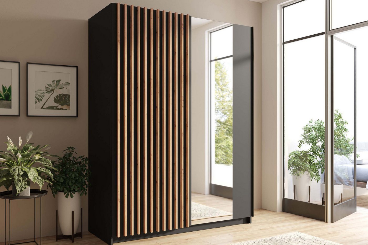 KONSIMO® Schwebetürenschrank CASTARI Kleiderschrank, mit dekorativen Lamellen, Modern (viel Stauraum, Höhe 198 cm, mit Lamellen über die ganze Türhälfte) hergestellt in der EU, handgefertigt, 2-türig, Griffleisten Bild 4