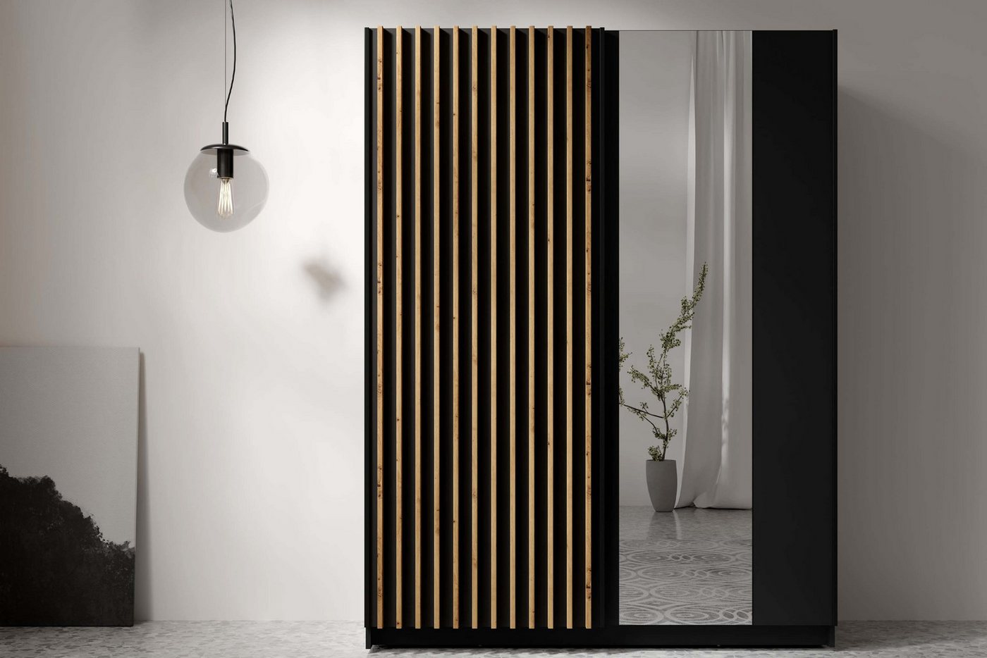 KONSIMO® Schwebetürenschrank CASTARI Kleiderschrank, mit dekorativen Lamellen, Modern (viel Stauraum, Höhe 198 cm, mit Lamellen über die ganze Türhälfte) hergestellt in der EU, handgefertigt, 2-türig, Griffleisten Bild 5