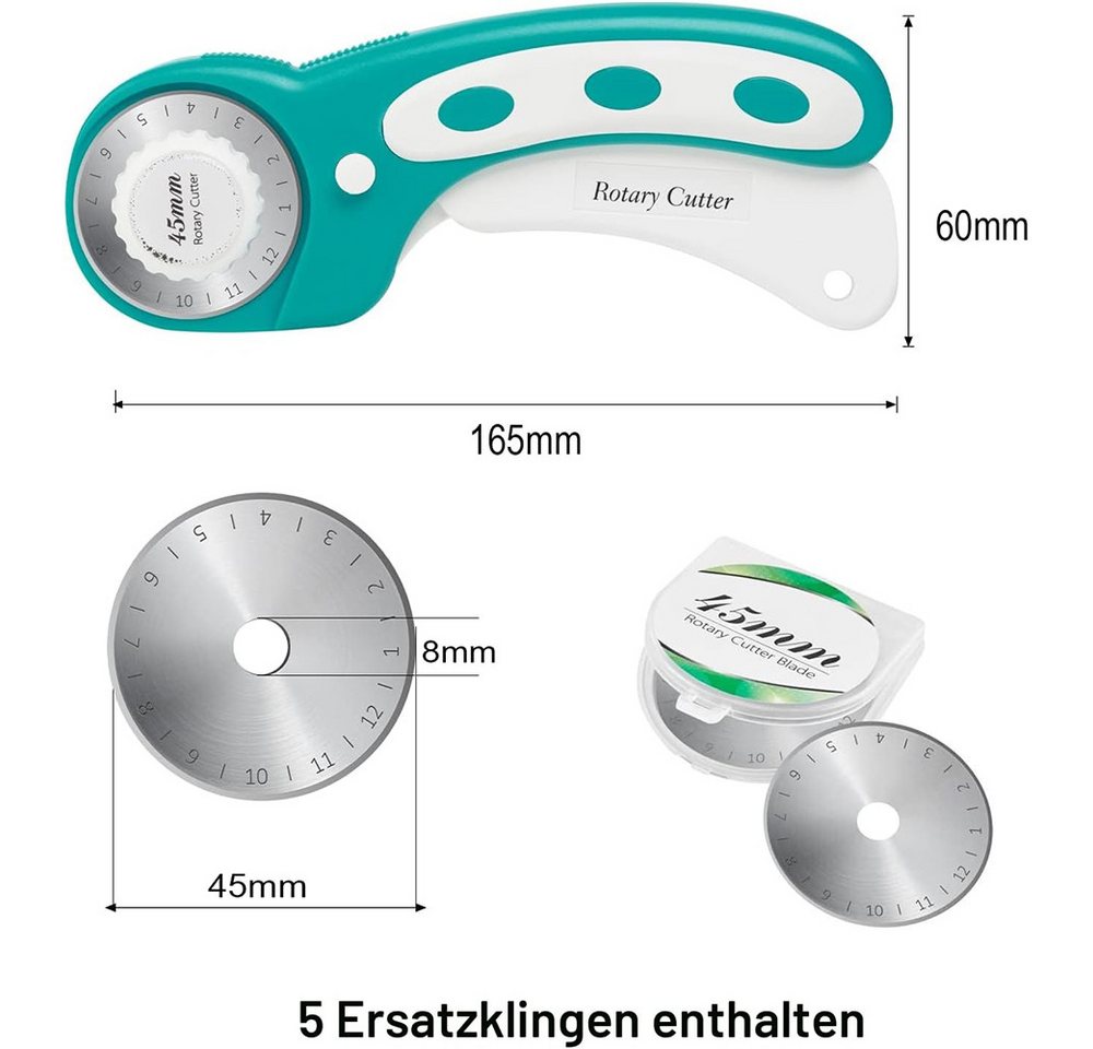 AFKSMILE Cuttermesser Rollmesser Rollschneider, Stoffschneider mit 5 Ersatzklingen für Stoff, (1-tlg), Rollschneider Set mit Ergonomischem Griff und Sicherheitsverschluss