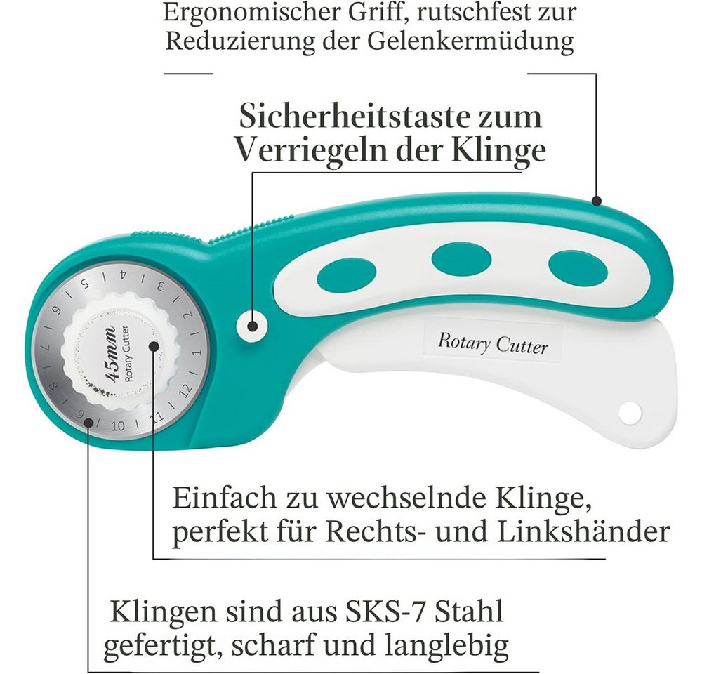 AFKSMILE Cuttermesser Rollmesser Rollschneider, Stoffschneider mit 5 Ersatzklingen für Stoff, (1-tlg), Rollschneider Set mit Ergonomischem Griff und Sicherheitsverschluss Bild 2