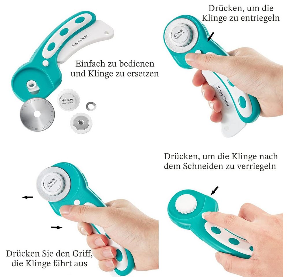 AFKSMILE Cuttermesser Rollmesser Rollschneider, Stoffschneider mit 5 Ersatzklingen für Stoff, (1-tlg), Rollschneider Set mit Ergonomischem Griff und Sicherheitsverschluss Bild 3