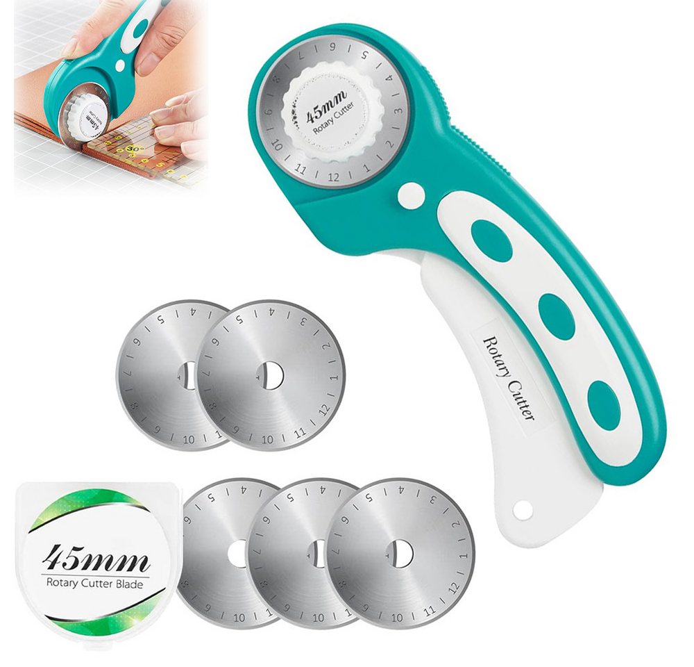 AFKSMILE Cuttermesser Rollmesser Rollschneider, Stoffschneider mit 5 Ersatzklingen für Stoff, (1-tlg), Rollschneider Set mit Ergonomischem Griff und Sicherheitsverschluss Bild 4