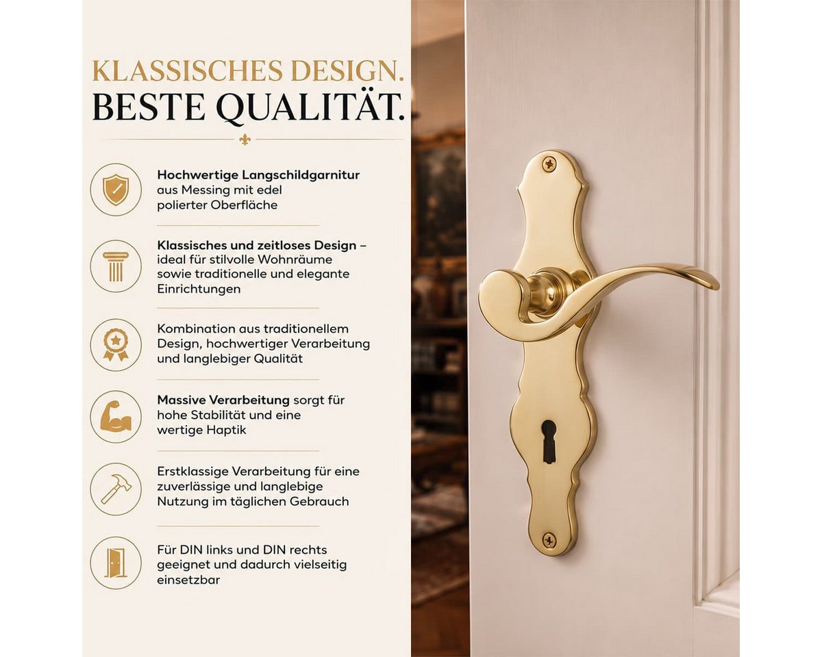 MS Beschläge Türbeschlag Langschildgarnitur Türdrücker Messing poliert, eleganter Zimmertürbeschlag Schildgarnitur 218x56mm Bild 3