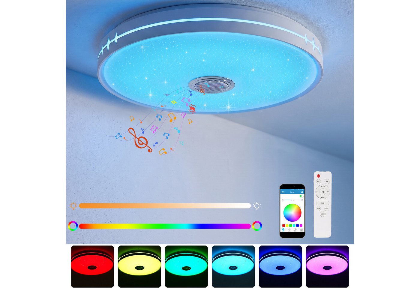 oyajia Deckenleuchte Dimmbar Deckenlampe mit Bluetooth Lautsprecher RGB, Fernbedienung, APP, LED fest integriert, RGB, Tageslichtweiß, LED Deckenleuchte,Ø 30/40/50cm,für Badezimmer Schlafzimmer Wohnzimmer Bild 3