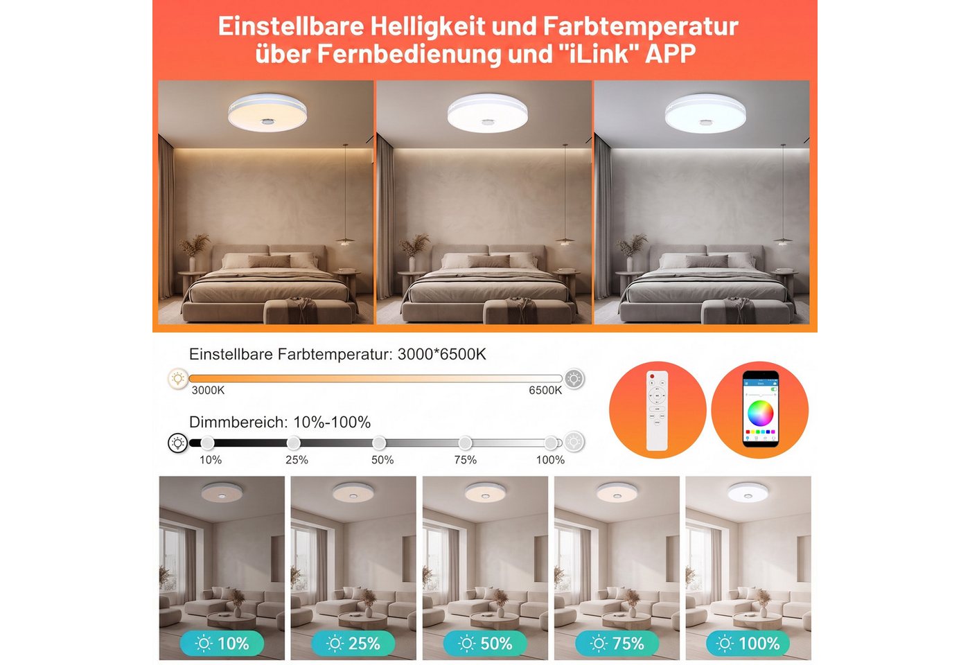 oyajia Deckenleuchte Dimmbar Deckenlampe mit Bluetooth Lautsprecher RGB, Fernbedienung, APP, LED fest integriert, RGB, Tageslichtweiß, LED Deckenleuchte,Ø 30/40/50cm,für Badezimmer Schlafzimmer Wohnzimmer Bild 4