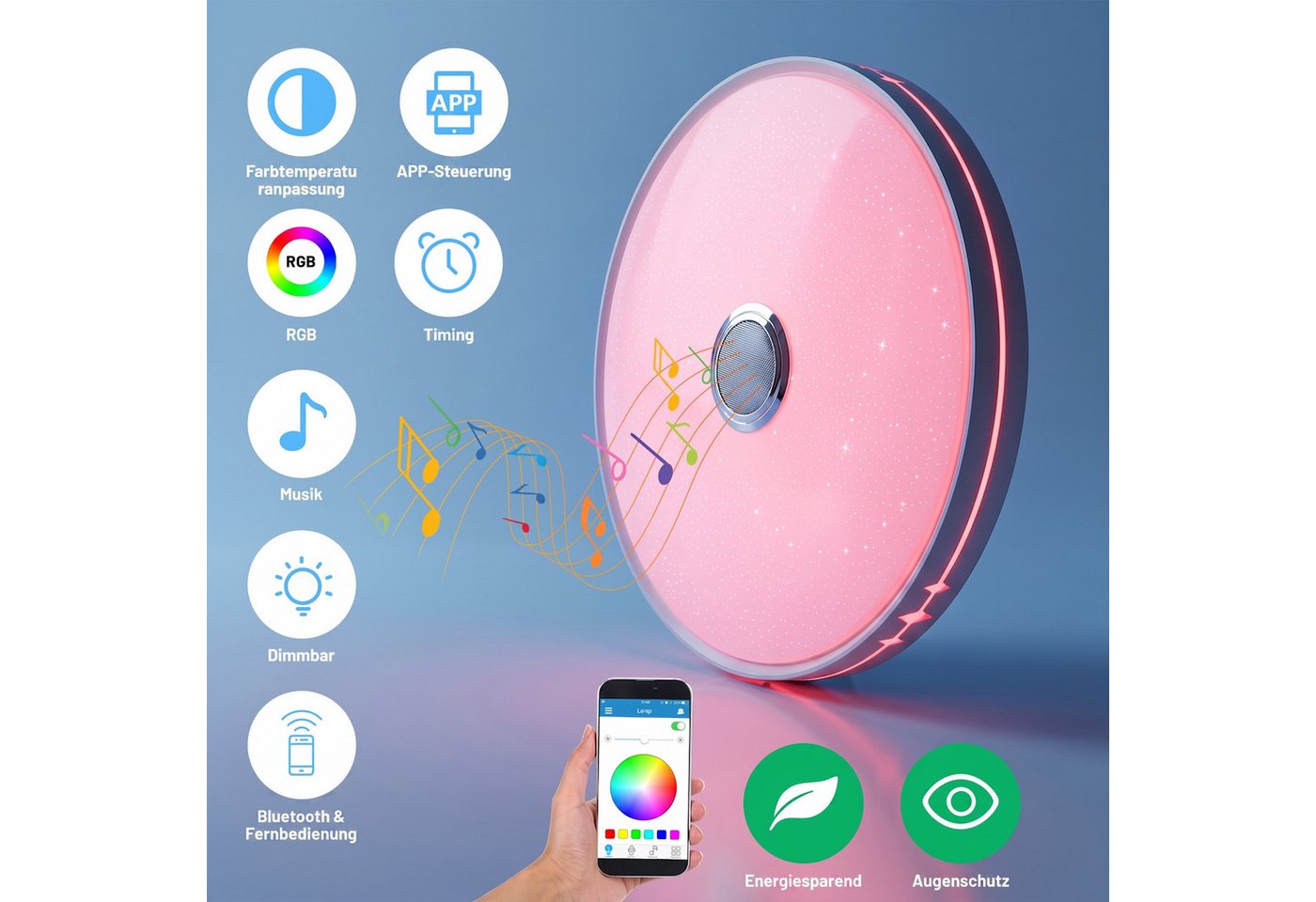 oyajia Deckenleuchte Dimmbar Deckenlampe mit Bluetooth Lautsprecher RGB, Fernbedienung, APP, LED fest integriert, RGB, Tageslichtweiß, LED Deckenleuchte,Ø 30/40/50cm,für Badezimmer Schlafzimmer Wohnzimmer Bild 5