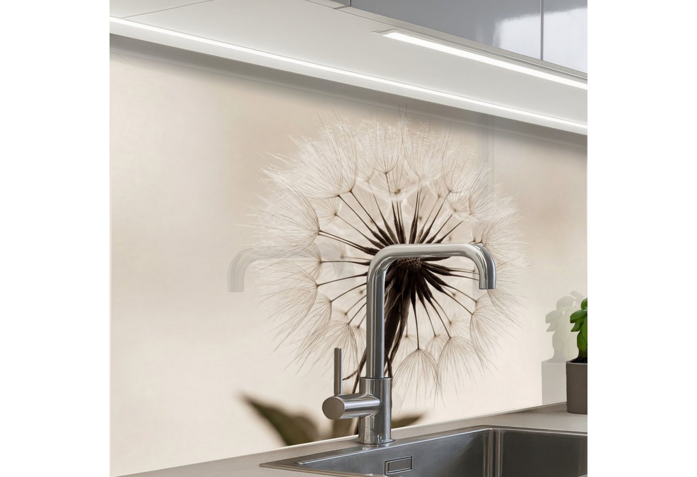 KitchenYeah Küchenrückwand Muster selbstklebend (keine Folie) Pusteblume - Minimalistisch - Weiß, (1-tlg), Spritzschutz, Küche, Rückwand, Küchenwand, Küchenfront, 30x20 cm