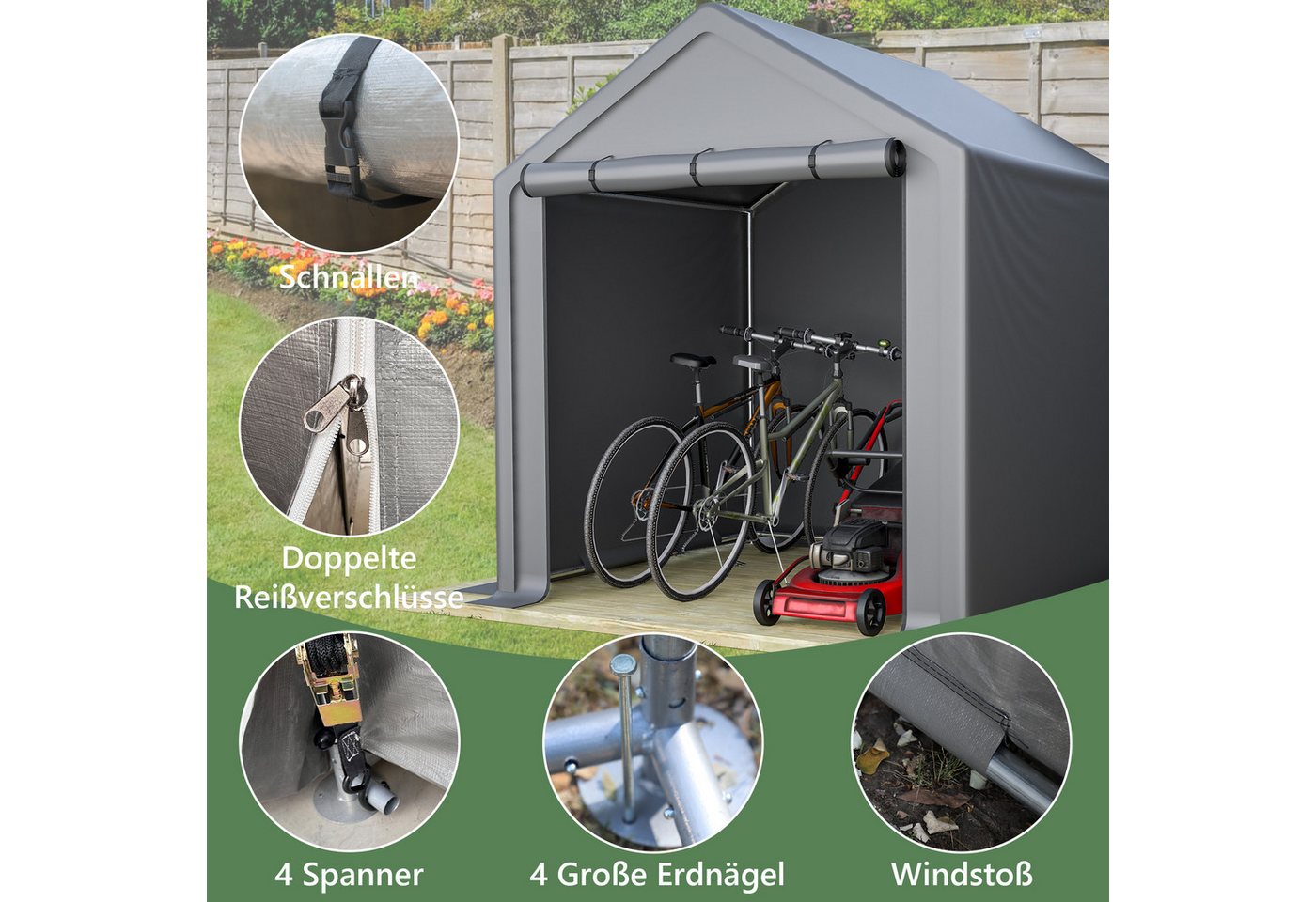 Blossom Garage Allwetter-Zeltgarage wasserdichten Garagenzelt Fahrradgarage aus Stahl (Fahrradschuppen 190x170x200 cm), Geräteschuppen mit Rolltor für Motorrad Gartenmöbel Werkzeug Bild 3