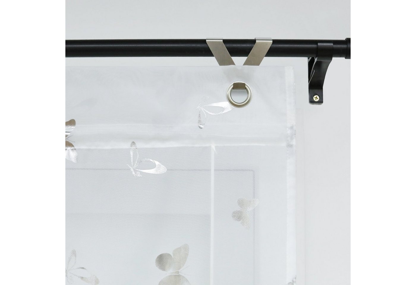 Joyswahl Raffrollo Daria Voile mit Schmetterlingsmuster im modernen Stil, mit Hakenaufhängung, ohneBohren, Am Fensterrahmen einhängen und mit Bändern höhenverstellbar, Glänzende Schmetterlinge, transparent für Wohn- und Schlafzimmer